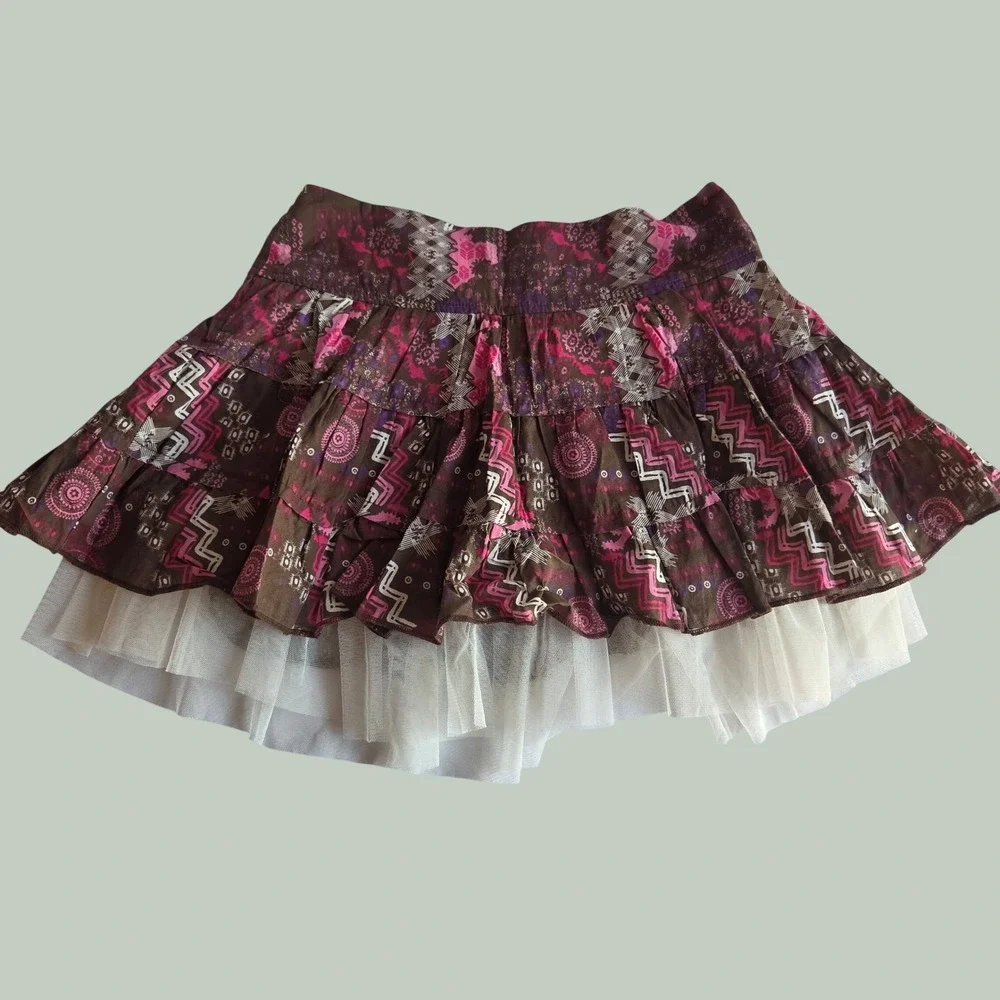 Eyeshadow Girl Brown Pink Boho Tiered Skort Y2K Fairycore Tulle Trim Size L 14‎